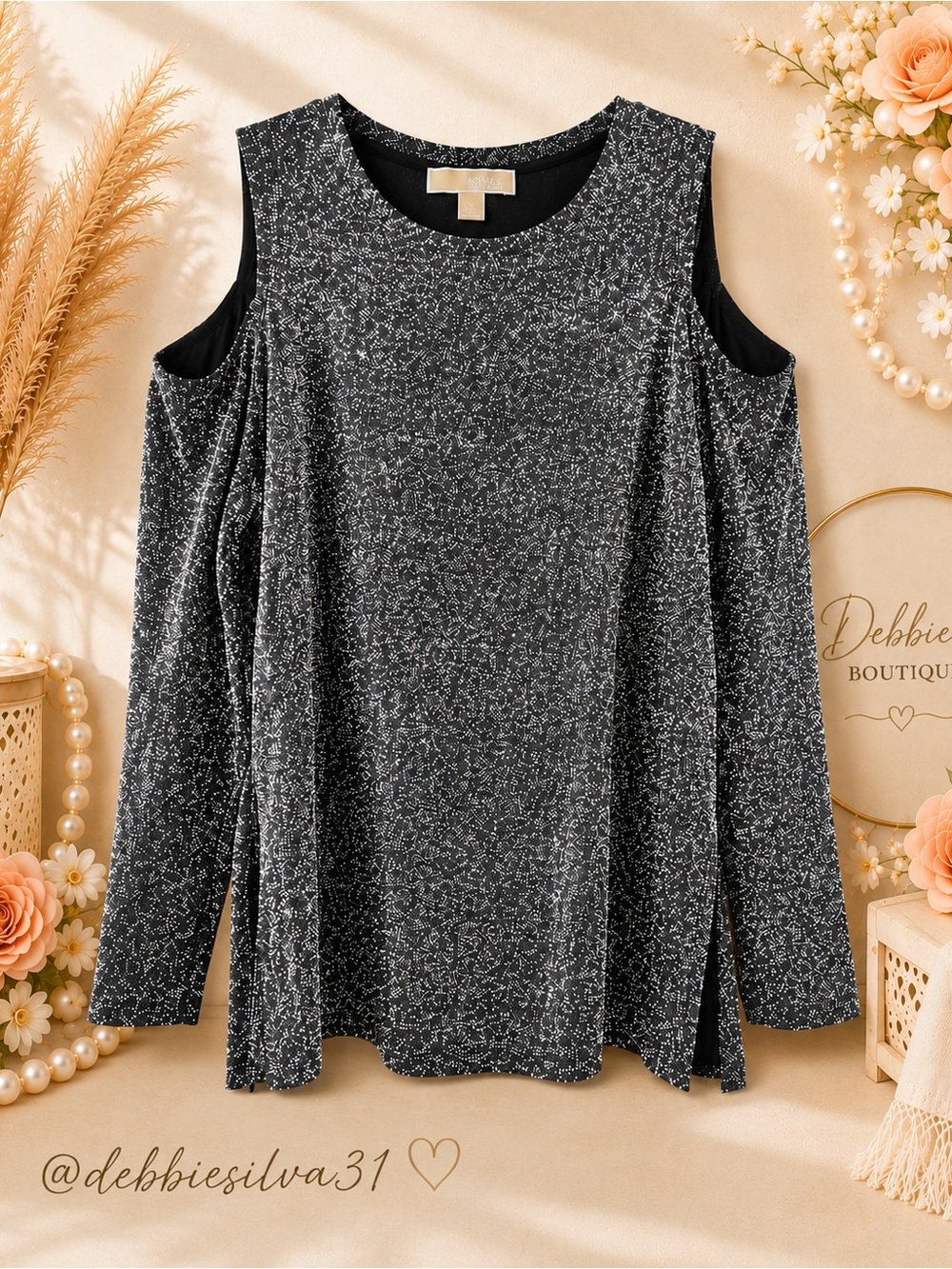 Michael Kors NWOT Silver Metallic Cold Shoulder Top XL Shimmer